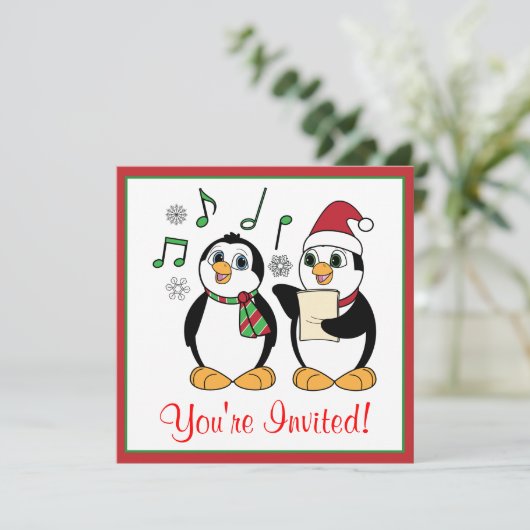 Caroling Penguins Weihnachts-Party Einladung (Stehend Vorderseite)