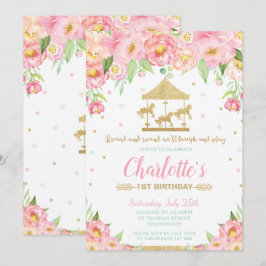 Carousel 1. Geburtstag Pink Floral Gold Girl Einladung