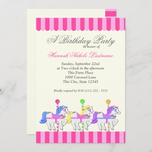 Carousel Birthday Pink Einladung (Vorne/Hinten)