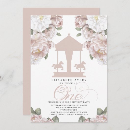 Carousel floral Soft Pink Erster Geburtstag Einladung (Vorne/Hinten)