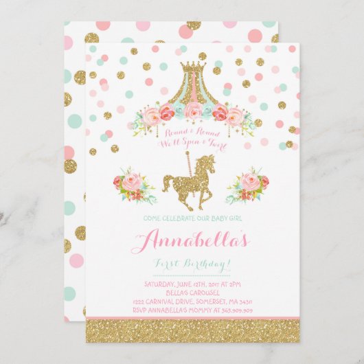 Carousel Geburtstag Einladung Floral Pink Minze Go (Vorne/Hinten)