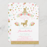 Carousel Geburtstag Einladung Floral Pink Minze Go