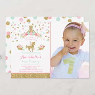 Carousel Geburtstag Einladung Floral Pink Minze Go