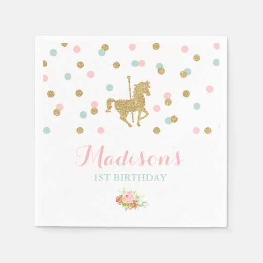 Carousel Geburtstagsparty Napkin Pink Gold Karusse Serviette (Vorderseite)