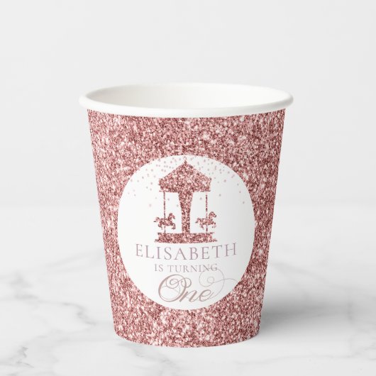 Carousel Glitzer Personalisiert erster Geburtstag Pappbecher (Vorderseite)