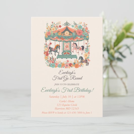 Carousel Go Round First Birthday Einladung (Stehend Vorderseite)