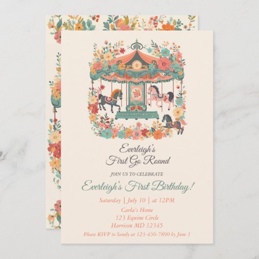Carousel Go Round First Birthday Einladung (Vorne/Hinten)