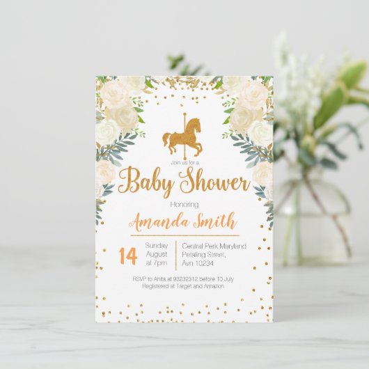 Carousel Gold White Baby Dusche Einladung (Stehend Vorderseite)