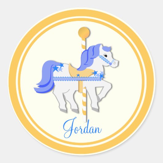 Carousel Horse Blue Gold Stars Runder Aufkleber (Vorderseite)