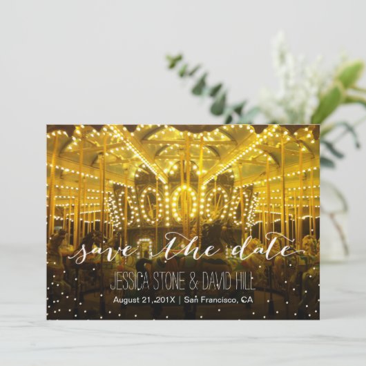 Carousel Merry Go Round String Light Save the Date (Stehend Vorderseite)