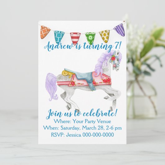 Carousel Pferd Custom Geburtstag Einladung (Stehend Vorderseite)