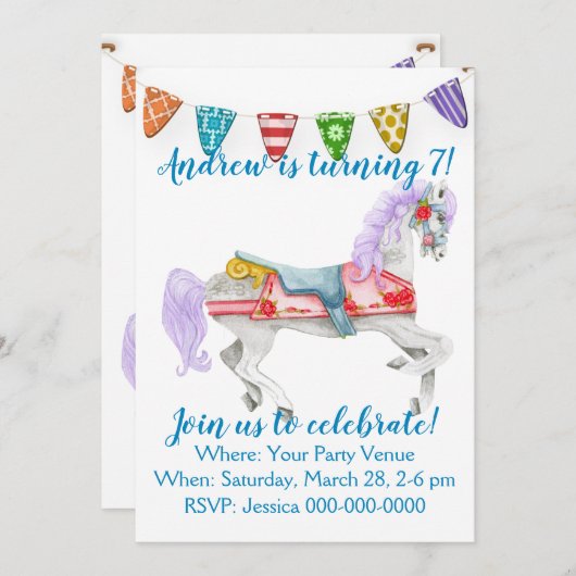 Carousel Pferd Custom Geburtstag Einladung (Vorne/Hinten)