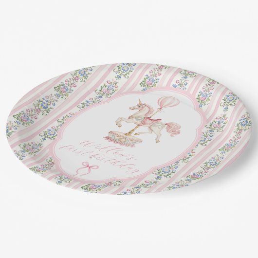 Carousel Pink First Birthday Pappteller (Schrägansicht)