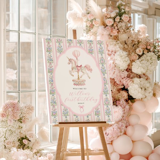 Carousel Pink First Birthday Welcome Poster