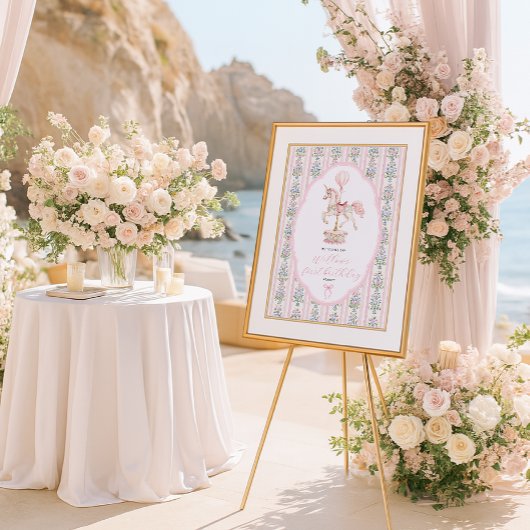 Carousel Pink First Birthday Welcome Poster