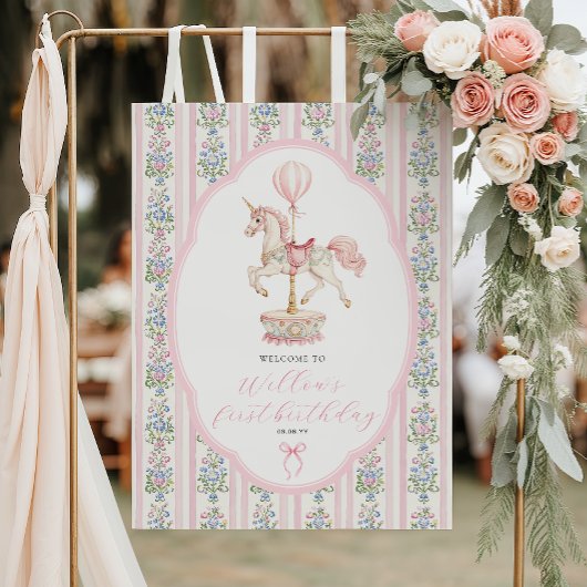 Carousel Pink First Birthday Welcome Poster
