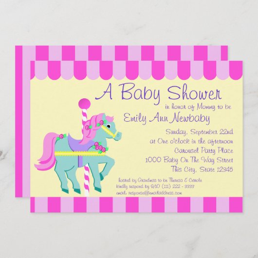Carousel Pony Baby Dusche Einladung (Vorne/Hinten)