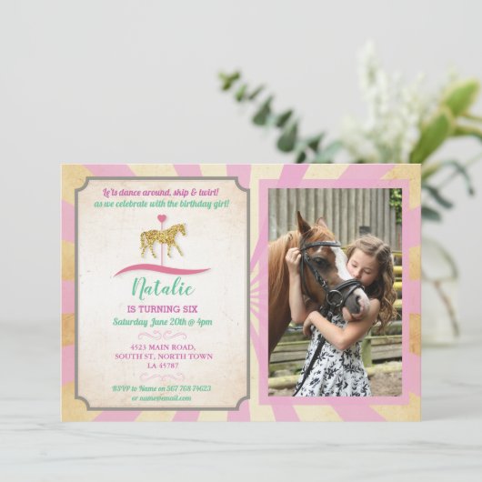 Carousel Reiten Party Einladung Foto Geburtstag (Stehend Vorderseite)