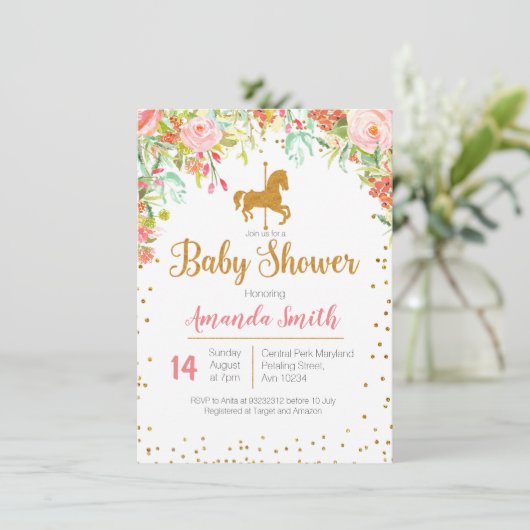 Carousel Rose Gold Baby Dusche Einladung (Stehend Vorderseite)