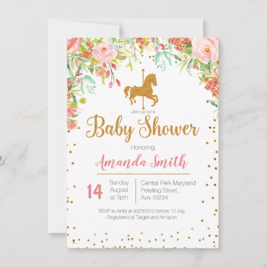 Carousel Rose Gold Baby Dusche Einladung (Vorderseite)