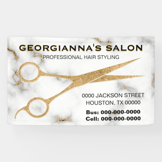 Carrara Marble Gold Scissor Hair Stylist Adresse Banner (Horizontal)