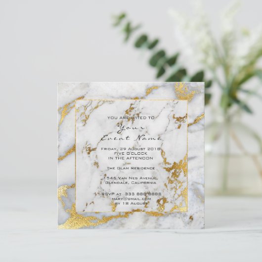 Carrara Marble White Gray Golden Frame Lux Event Einladung (Stehend Vorderseite)