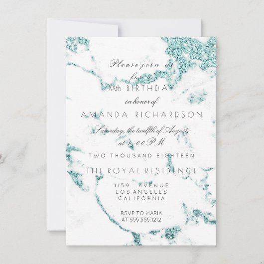 Carrara White Marble Tiffany Aqua Glitzer Geburtst Einladung (Vorderseite)
