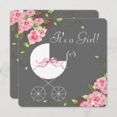 Carriage Grey Pink Rose Baby Shower Einladungen (Vorne/Hinten)