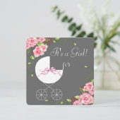 Carriage Grey Pink Rose Baby Shower Einladungen (Stehend Vorderseite)