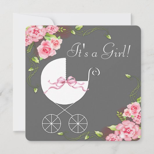 Carriage Grey Pink Rose Baby Shower Einladungen (Vorderseite)