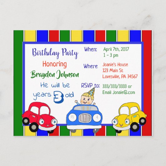 Cars Red Blue Green Boys Einladung zum Geburtstag (Vorderseite)