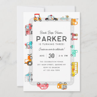 Cars Trucks Street Kids Transportation Geburtstag Einladung