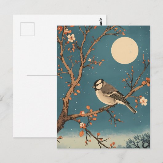 Carte Postale Moonlit Bird on Blossom Branch Postkarte (Vorne/Hinten)