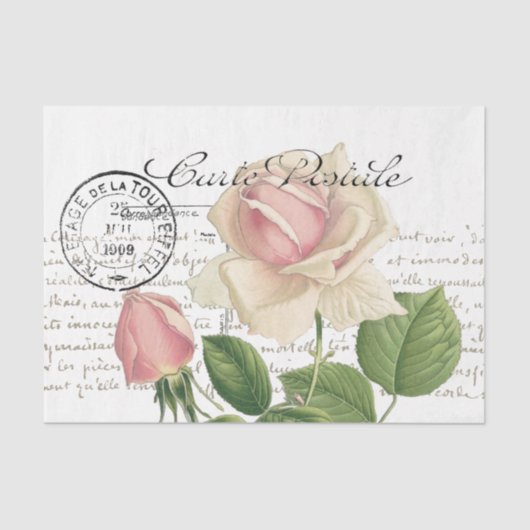 Carte Postale Pink Rose Französische Schrift Vinta Seidenpapier (Vorderseite)