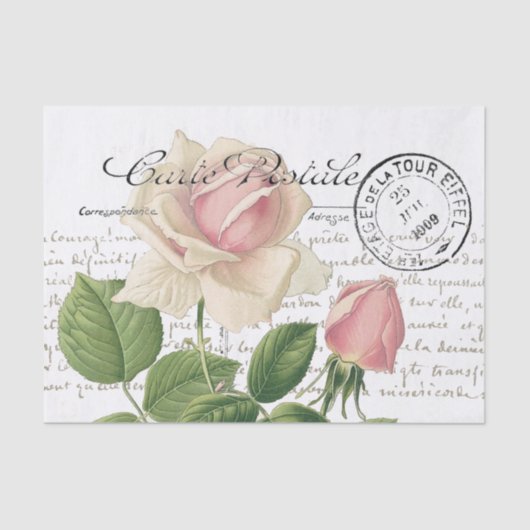 Carte Postale Pink Rose Französische Schrift Vinta Seidenpapier (Vorderseite)