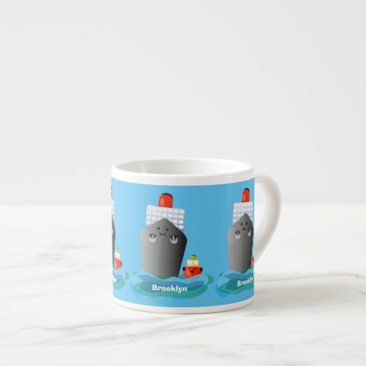 Cartoon-Abbildung niedlicher Seefrachtschlepper Espressotasse (Vorderseite Rechts)