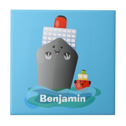 Cartoon-Abbildung niedlicher Seefrachtschlepper Fliese (Vorderseite)