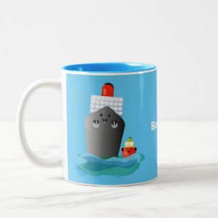 Cartoon-Abbildung niedlicher Seefrachtschlepper Zweifarbige Tasse