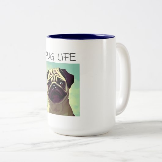 Cartoon Adorable und Niedliche Puppy Mops Face Por Zweifarbige Tasse (VorderseiteRechts)