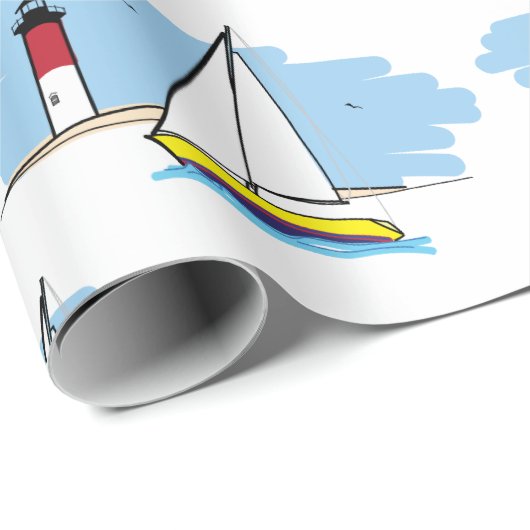 Cartoon-Ähnliches Segelboot und Leuchtturm Geschenkpapier (Rolleneckpunkt)