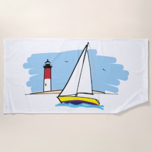 Cartoon-Ähnliches Segelboot und Leuchtturm Strandtuch