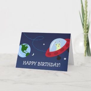 Cartoon Alien mit Raumschiff Happy Birthday Card Karte