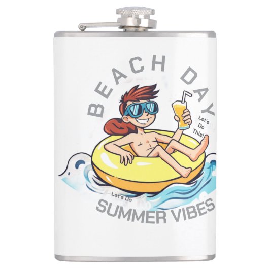 Cartoon am Strand auf aufblasbarem Ring Flachmann (Vorderseite)