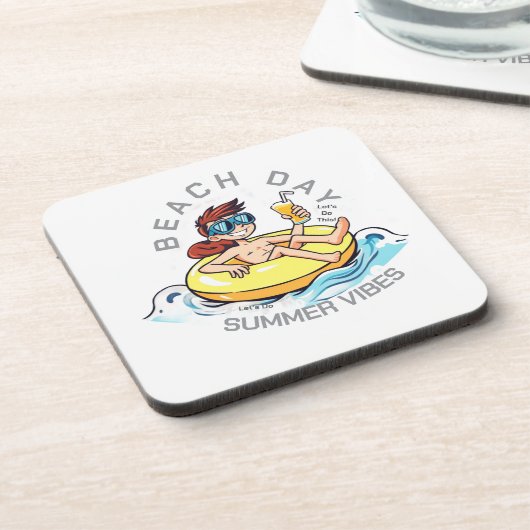 Cartoon am Strand auf aufblasbarem Ring Getränkeuntersetzer (Linke Seite)