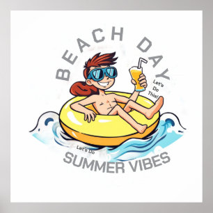 Cartoon am Strand auf aufblasbarem Ring Poster