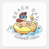 Cartoon am Strand auf aufblasbarem Ring Quadratischer Aufkleber (Vorderseite)