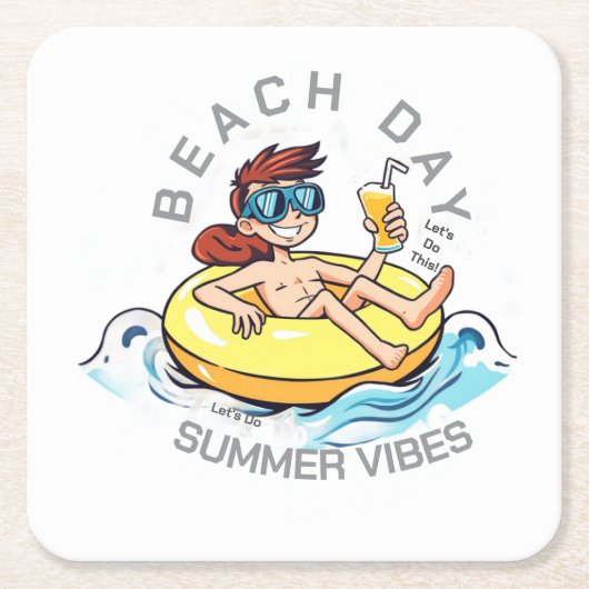 Cartoon am Strand auf aufblasbarem Ring Rechteckiger Pappuntersetzer (Vorderseite)