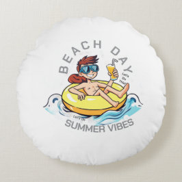 Cartoon am Strand auf aufblasbarem Ring Rundes Kissen