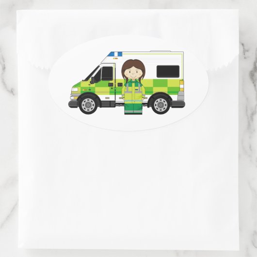 Cartoon Ambulance und EMT Ovaler Aufkleber (Tasche)