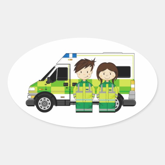 Cartoon Ambulance und EMTs Ovaler Aufkleber (Vorderseite)